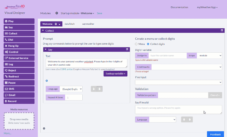 Completing the user input configuration for the weather voicebot