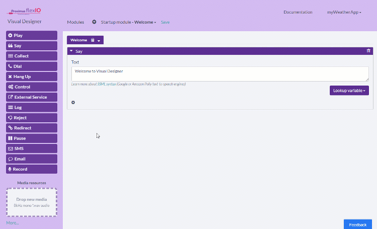 Creating modules for our weather voicebot in the FlexIO Visual Designer