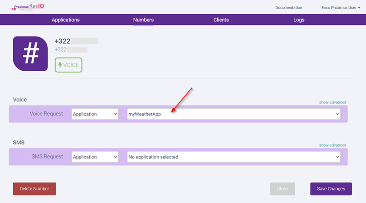 Linking your FlexIO number to your weather voicebot application