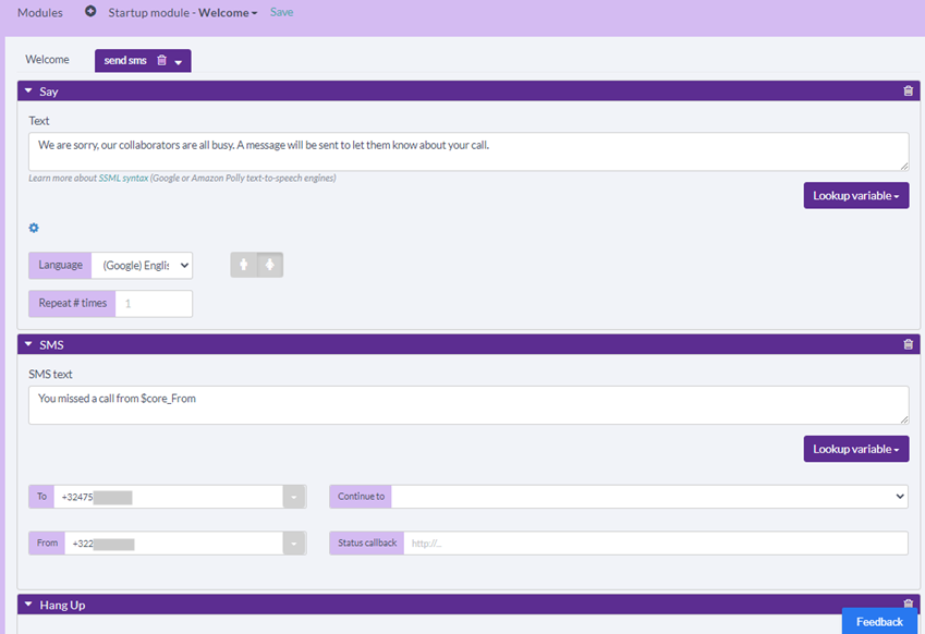 Configuring the send SMS module for our FlexIO call cascading scenario